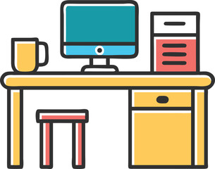 Modern E-Desk Icon – Computer, Notebook & Coffee Cup Design