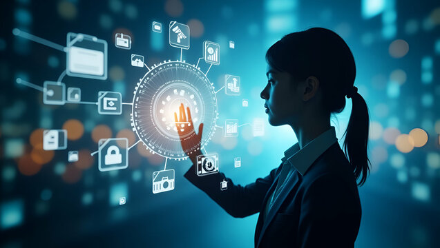 Photo realistic as Silhouette of a person and a virtual screen symbolizing digital interaction in double exposure with copy space. concept as A silhouette of a person blended with a virtual screen rep