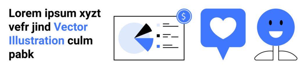 Graph with data visuals, heart in speech bubble signifying engagement, smiling face implying user satisfaction. Ideal for analytics, marketing, feedback, user experience, social media, technology