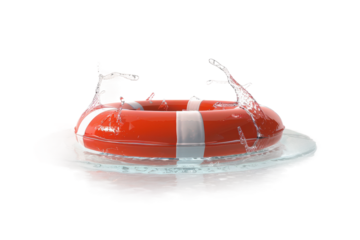 A bright red lifebuoy floating in water, creating realistic ripples and splashes.