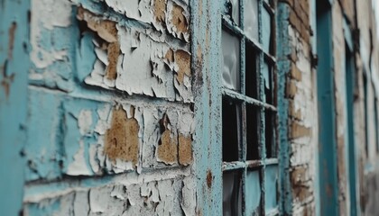 Weathered Brick Wall With Peeling Paint And Rusty Window Frame
