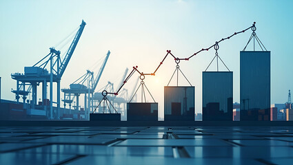 Photo realistic as Silhouette of a freight terminal and a cost structure graph symbolizing logistics cost structure in double exposure with copy space. concept as A silhouette of a freight terminal in