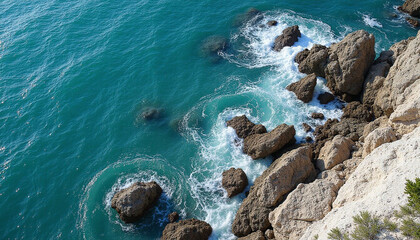 Rocky shoreline with swirling ocean waters in a coastal setting  