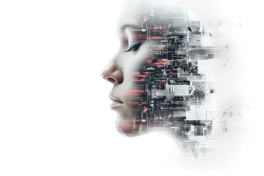 A sci-fi-inspired AI portrait disintegrating into digital fragments and cyber particles.