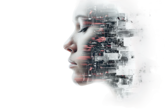 A sci-fi-inspired AI portrait disintegrating into digital fragments and cyber particles.