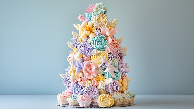 A whimsical cupcake tower with various pastel-colored frosting designs
