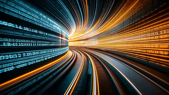 Abstract representation of data flow in a futuristic digital tunnel, showcasing vibrant colors and motion effects