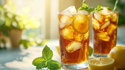 close up cold glass of iced tea and lemonade on a sunny table in home interior, iced tea beveraged photography, drinks menu style photo image