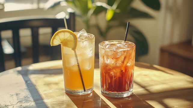 close up cold glass of iced tea and lemonade on a sunny table in home interior, iced tea beveraged photography, drinks menu style photo image
