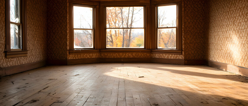 Sunlit Interior of Abandoned Building with Damaged Walls