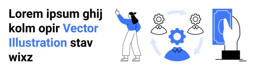 Fototapeta premium Person presenting, flowchart with gear and arrows, hand tapping device. Ideal for teamwork, automation, process, organization, fintech, service integration simple landing page