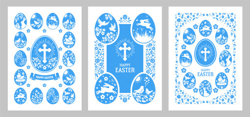 Easter card templates in vintage victorian classic elegant art nouveau design style. Easter eggs with various drawings. For banner, poster, greeting cards, postcards print etc. Vector illustration  © Pagina