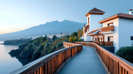 Obraz premium Stunning Coastal View of a White House on a Cliffside Walkway