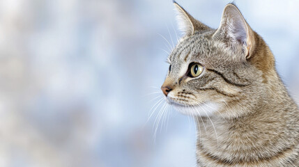 Charming 3D tabby cat with soft fur, gazing thoughtfully against blurred background, exuding serene expression