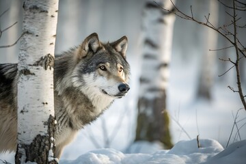 Fototapeta premium Majestic Wolf Portrait in Snowy Birch Forest – Intense Gaze, Detailed Fur & Cinematic Wildlife Photography