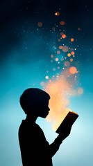 A silhouette of a child reading a book, surrounded by a magical aura of light and colors, evoking imagination and wonder.