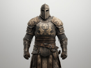 A meticulously detailed, full suit of medieval-style armor. The metal is weathered and features intricate engravings on the chest piece.