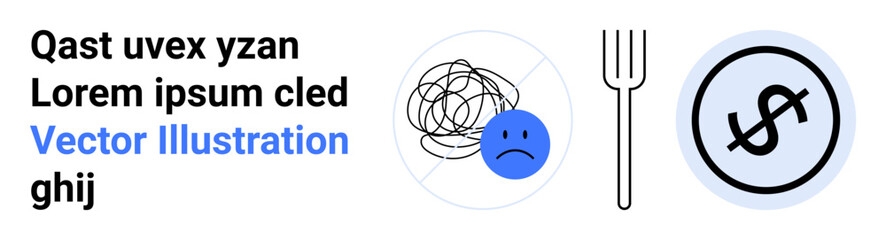 Tangled lines with sad face, fork, and dollar symbol circle. Ideal for mental health, decision-making, financial planning, stress, confusion, emotional well-being and simple landing page