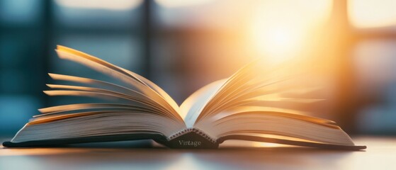 Open vintage book with warm light