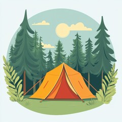 Camping and outdoor adventure. Orange Tent in a Lush Green Forest