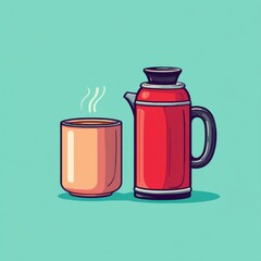 Fototapeta premium Camping and outdoor adventure. Pixel Art Illustration of Red Thermos and Orange Mug on Teal Background