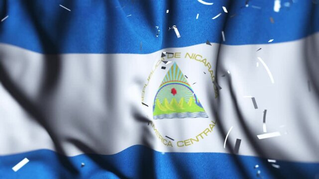 Nicaragua flag waving with confetti | Nicaraguan Independence Day celebration | Patriotic background
