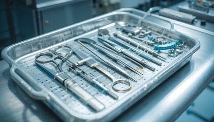 Sterile Surgical Instruments on Metal Tray in Medical Operating Room

