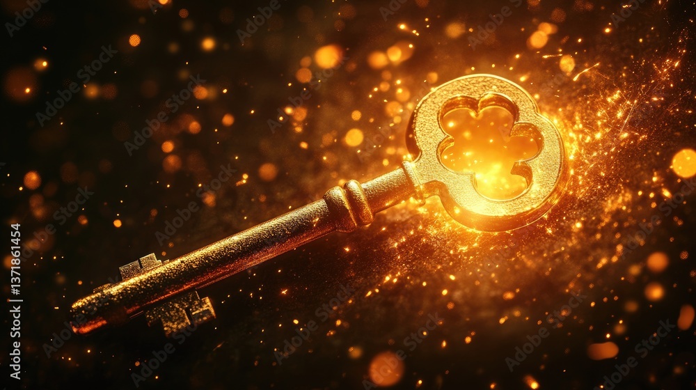 Poster glimmering golden key surrounded by sparkling light particles creating a mystical atmosphere