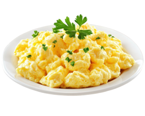 Creamy scrambled eggs garnished with fresh herbs on white plate, perfect for breakfast or brunch. Enjoy rich texture and vibrant color of this delicious dish