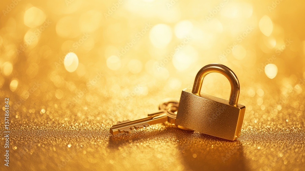 Poster golden padlock and key on sparkling background representing security and protection concepts in fina