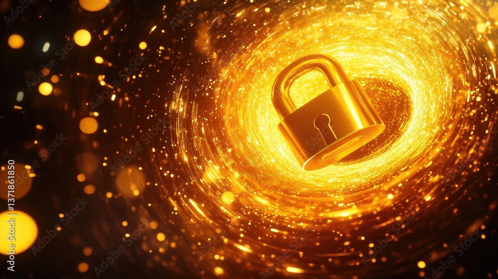 Poster golden padlock floating in space with swirling light particles representing security and protection 