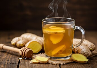 Steaming Ginger Tea in a Clear Glass Mug with Honey and Ginger Root