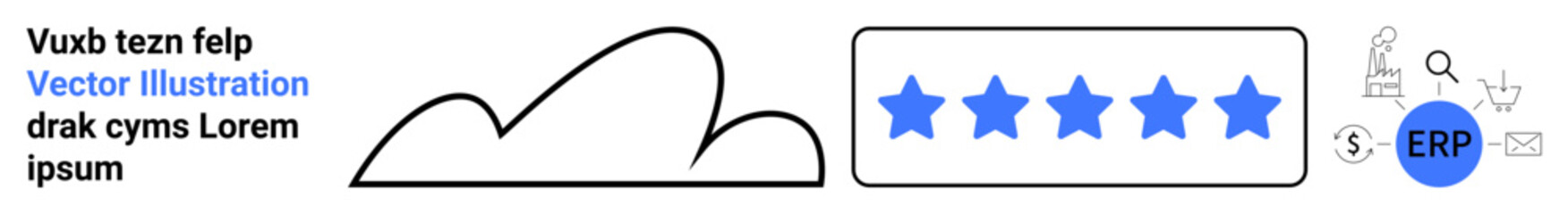 Cloud outline, five-star rating bar, magnifying glass, ERP icon, analytical tools. Ideal for business analysis, productivity, software, quality review cloud services SEO simple landing page