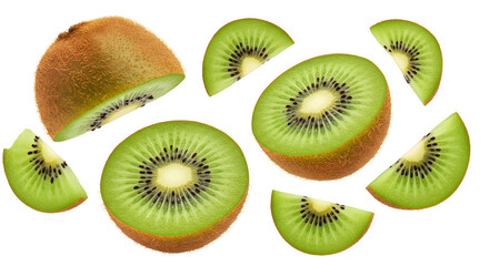 Fototapeta premium Fresh Green Kiwi Fruit Slices and Whole Kiwi Isolated on White Background