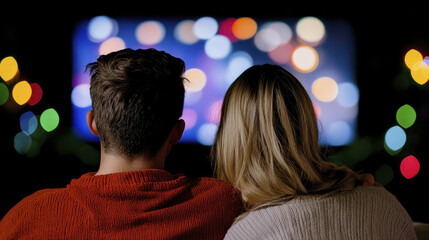 Cozy couple cuddling and watching movie together, enjoying romantic evening with soft lights and warm atmosphere