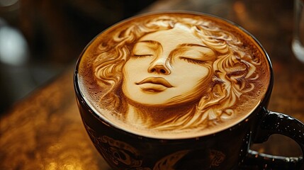 A close-up of a hot latte with intricate foam art on top, symbolizing coffee culture, craftsmanship, and the beauty of handcrafted beverages enjoyed in cozy  