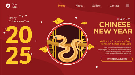 Chinese New Year 2025 Landing Page design Year of Dragon. Red and golden abstract 