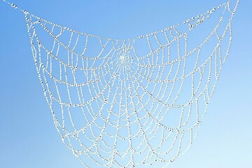 Dewdrops Adorn Intricate Spiderweb Against Blue Sky