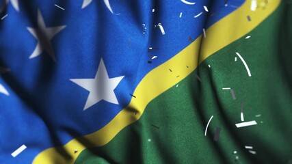 Solomon Islands Flag Waving with Colorful Confetti Celebration