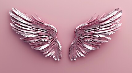 Featuring silver angel wings prominently displayed against a soft pink backdrop. 