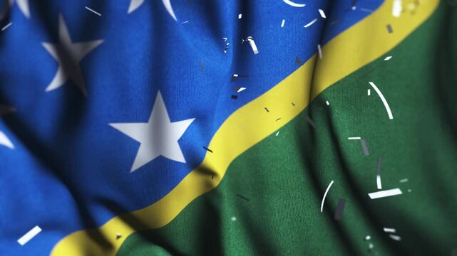 Solomon Islands Flag Waving with Colorful Confetti Celebration
