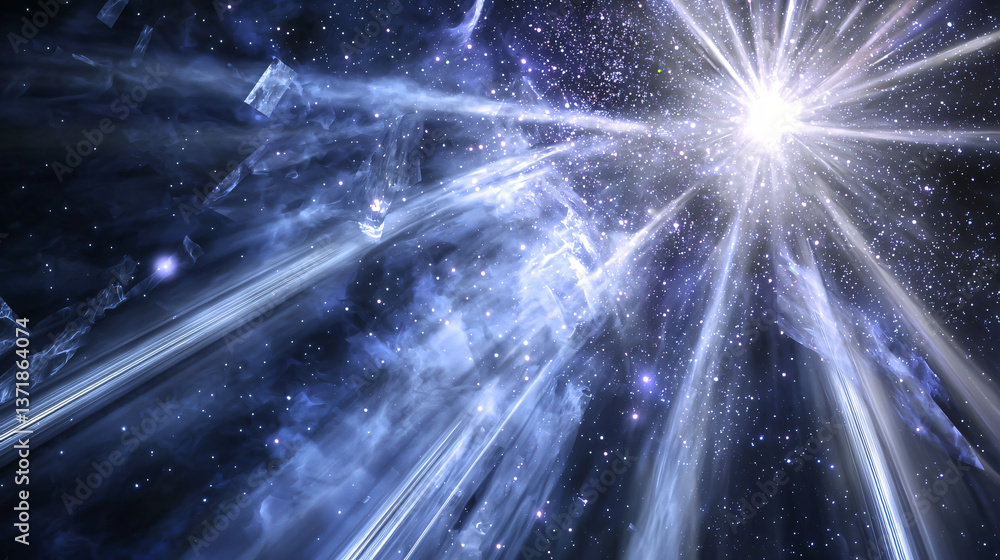 Poster gleaming star in the night sky surrounded by the vastness of space with pulsar beams creating a beau