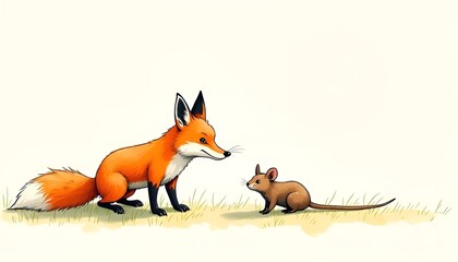 Obraz premium Friendly fox and mouse meeting in a playful illustration 