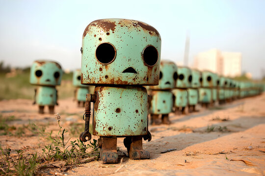 Rusty Metal Robots in a Desert Line