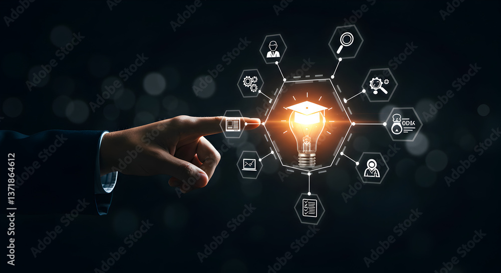 Poster illuminated lightbulb with hexagon shape and digital icons hovering over mans hand in navy backgroun