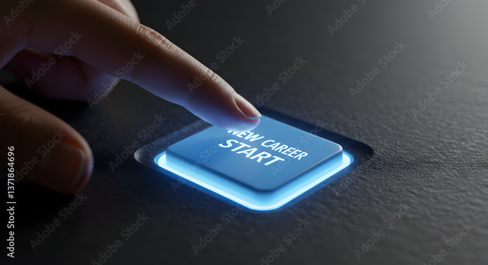 Aufkleber index finger presses blue illuminated start button on dark surface initiation concept