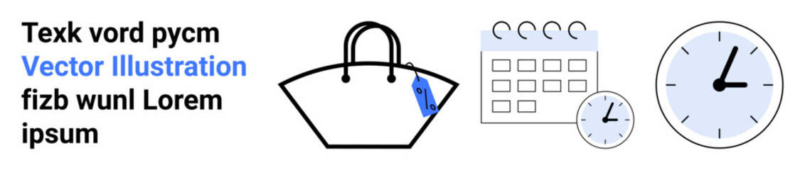 Shopping bag with tag, large and small clocks, and calendar layout. Ideal for retail planning, scheduling, productivity, e-commerce, shopper trends, time management flat landing page banner
