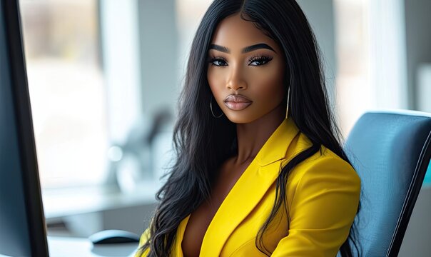 Portrait of smiling African-American female self employed freelancer at work using laptop doing research project. young black lady remote student look at camera distracted from learning