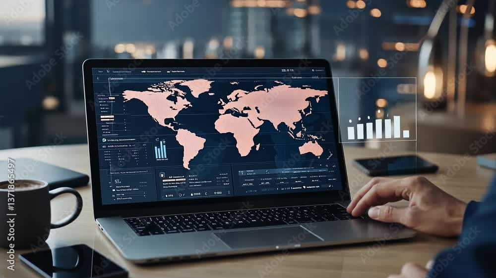 Poster person analyzing global data on laptop screen