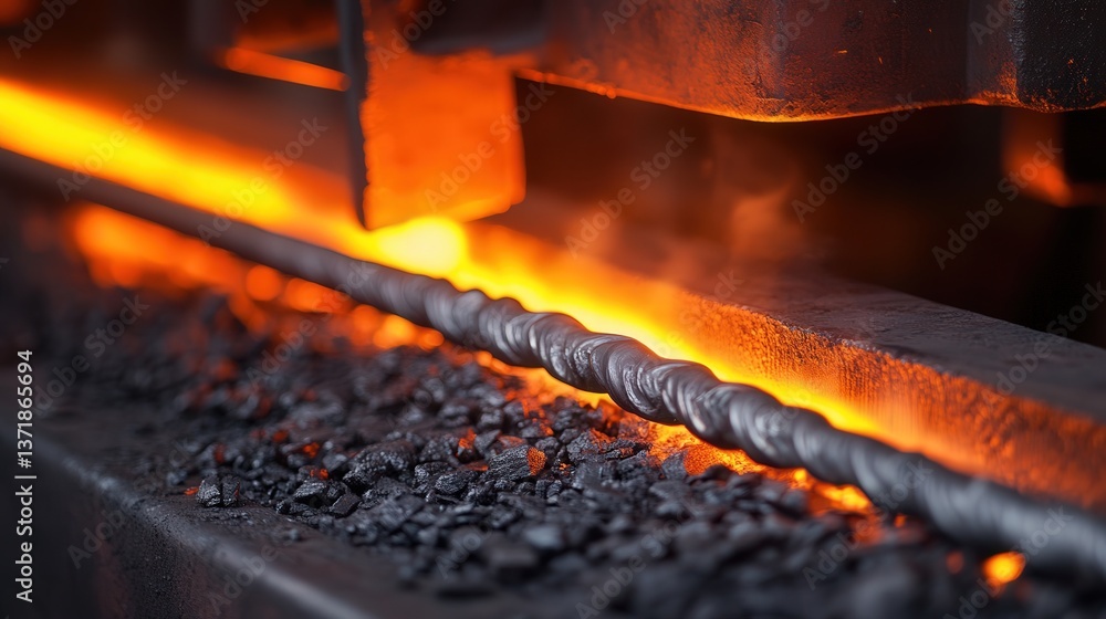 Poster blacksmith at work, heating a long rod in the forge before hammering it into a decorative pattern, s
